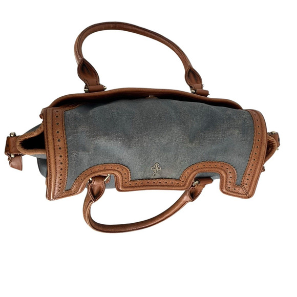 Cole Haan Blue Brown Leather Flap Brooke Tote Crossbody Canvas Spectator - Picture 7 of 16